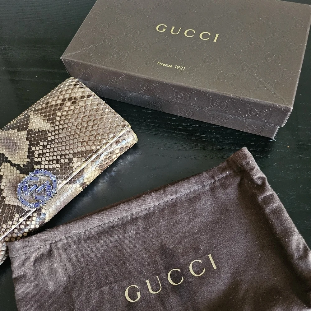 Gucci Python Continental Wallet w/ Crystal GG Logo | Box & Dustbag